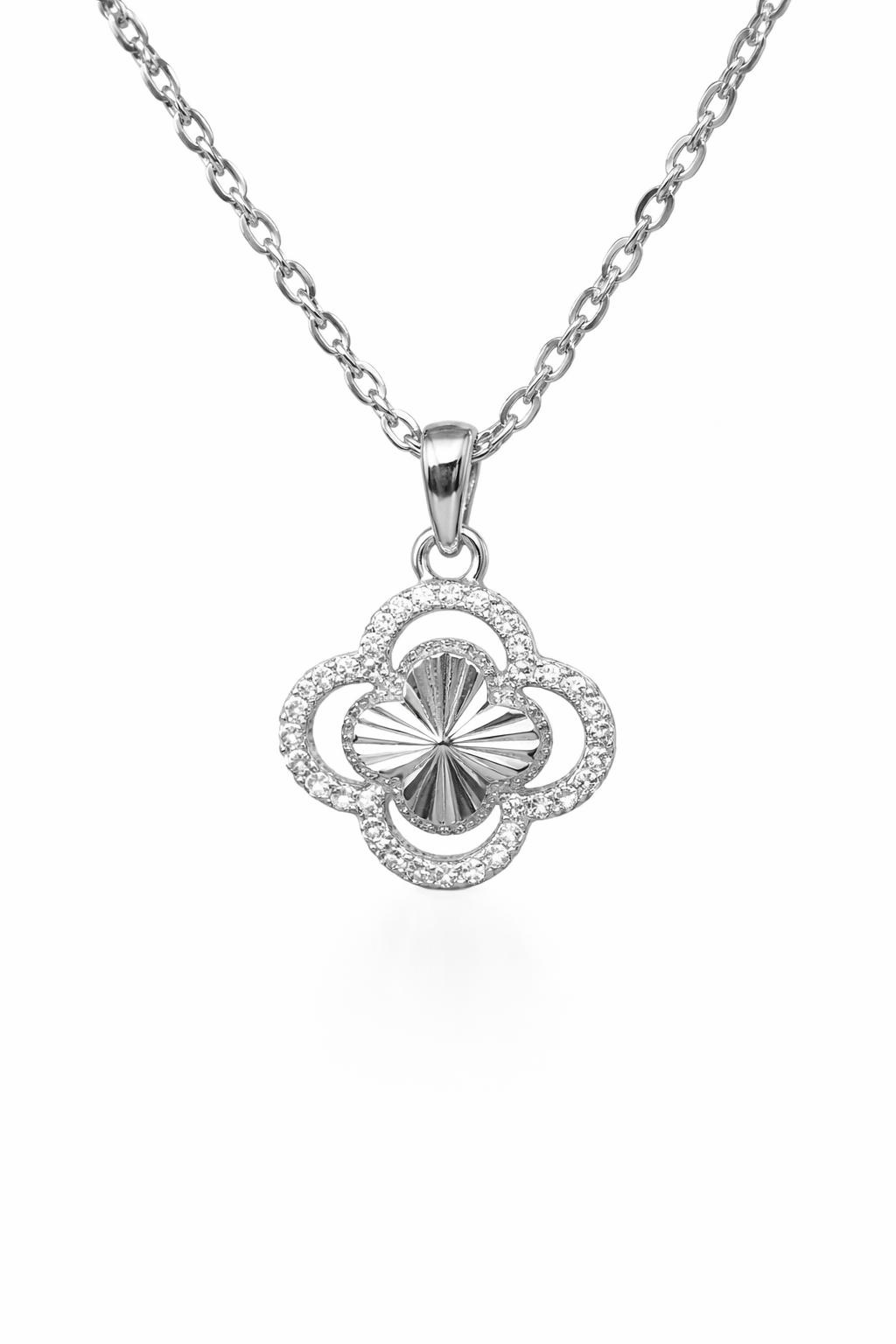 Sterling Silver Clover Pendant with CZ Halo & Starburst Centre (12mm) - V08609HP  