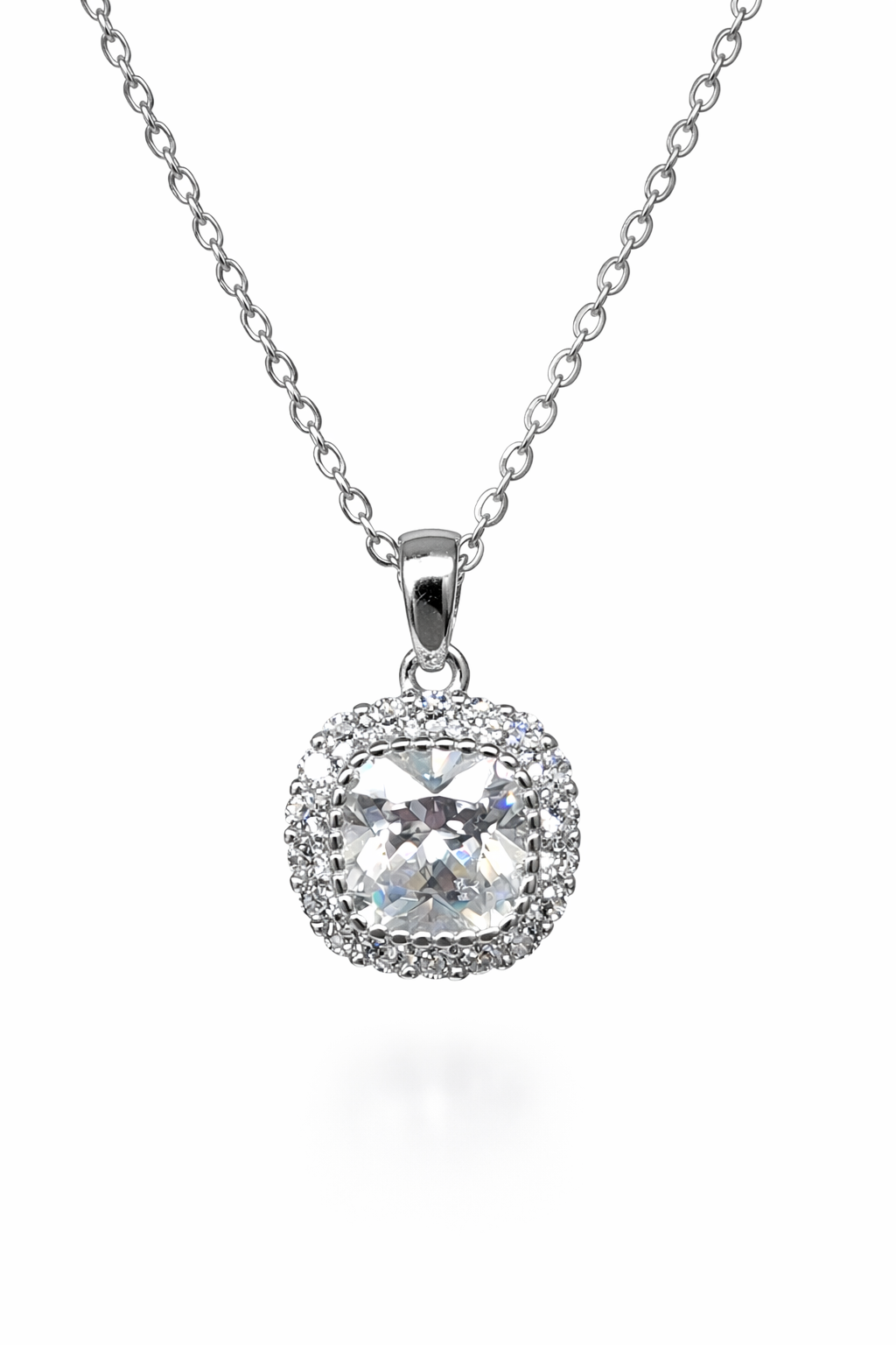 Sterling Silver Cushion CZ Halo Pendant Necklace (8.20mm x 8.20mm) - V08220HP  