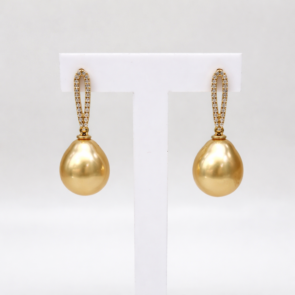 9ct Yellow Gold CZ Set Drop Stud Earrings with 11.0–11.5mm South Sea Golden Pearls - 9CTPVZGP 21st Keys 9ct Yellow Gold CZ Set Drop Stud Earrings with 11.0–11.5mm South Sea Golden Pearls - 9CTPVZGP 21st Keys