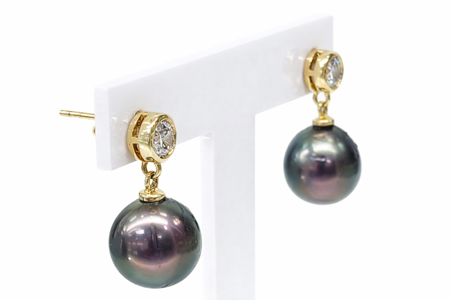 9ct Yellow Gold Tahitian Black Pearl & CZ Drop Earrings - 9CTPRZCZ  