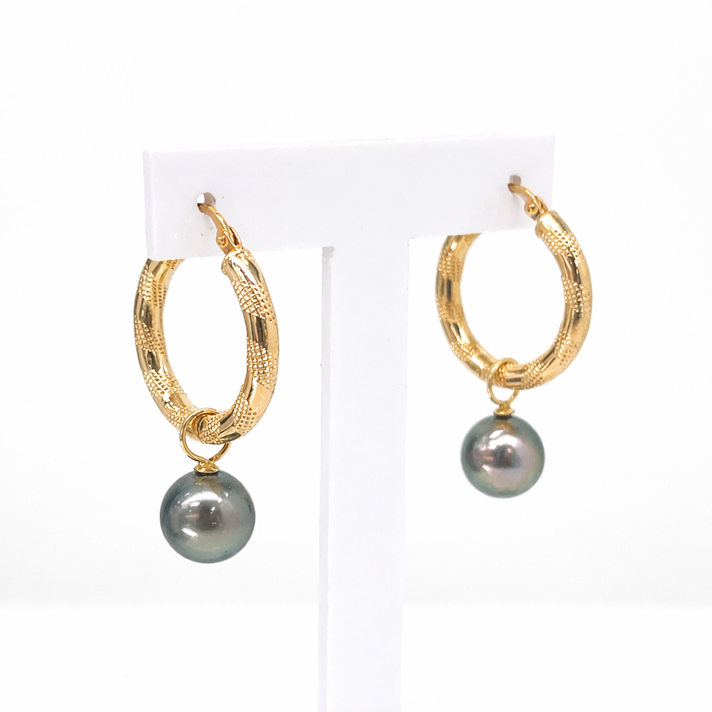 9ct Yellow Gold Hoop Earrings with 9mm-10mm Tahitian Pearls - 9CTRVZ  
