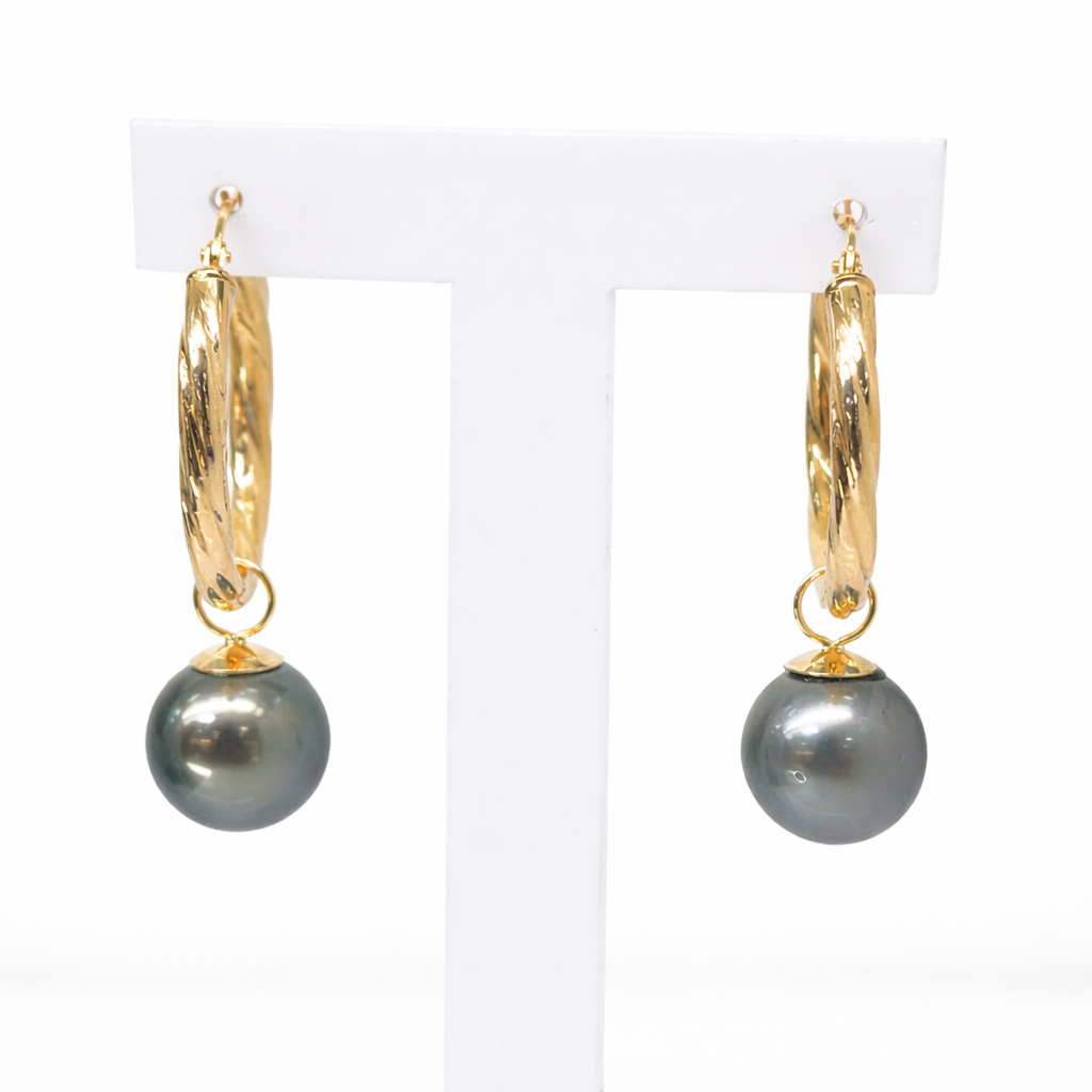 9ct Yellow Gold Twist Hoop Earrings with Tahitian Black Pearls - 9CTPYZ  