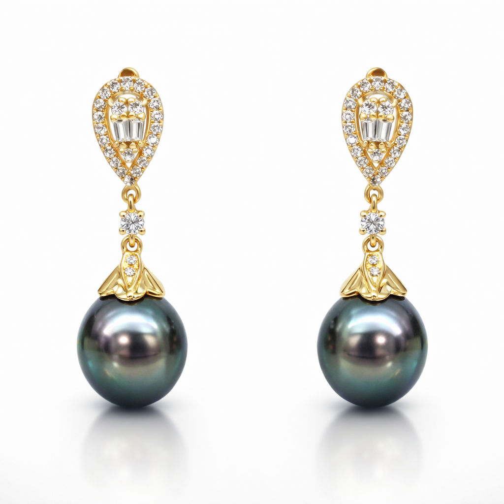 9ct Yellow Gold Tahitian Black Pearl Drop Earrings with Cubic Zirconia 9.50mm-10.00mm Pearls - 9CTTBL  