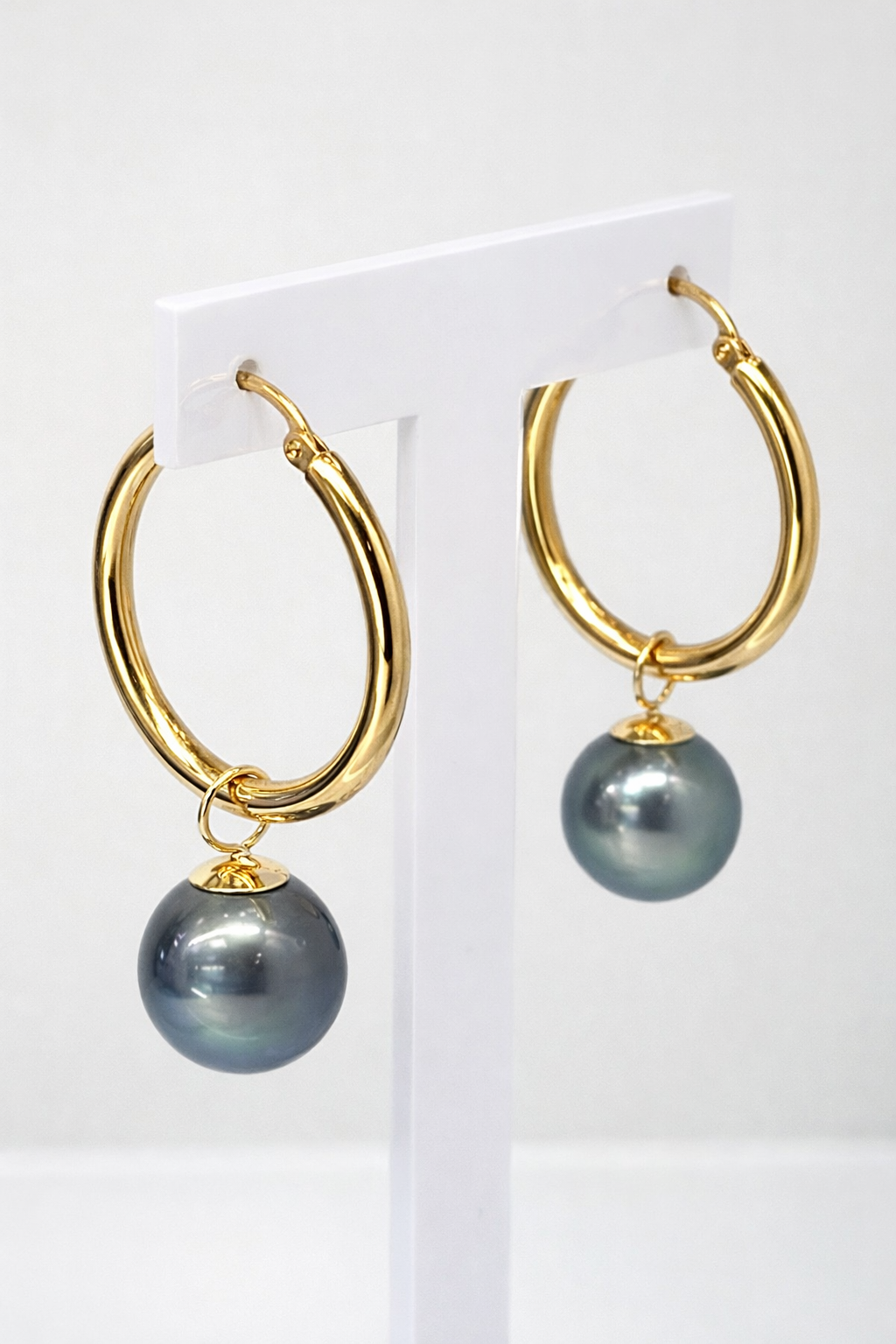 9ct Yellow Gold Tahitian Black Pearl Hoop Earrings 20mm - 9CTRPZ  
