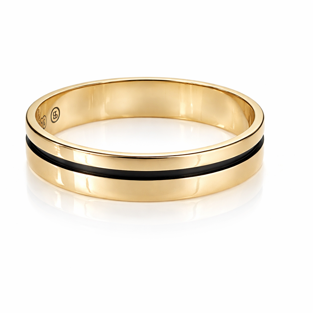 9ct Yellow Gold Gents Ring,  Black Centre Inlay, 5mm Wide, Size Z+2 - FR3834/5  