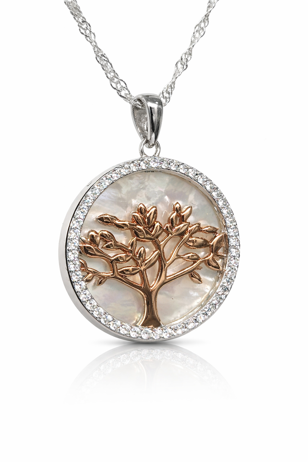 Sterling Silver Tree of Life Pendant with Mother of Pearl & CZ Halo – Rose Gold Plated Design (23.75mm) - SSDA487PD  