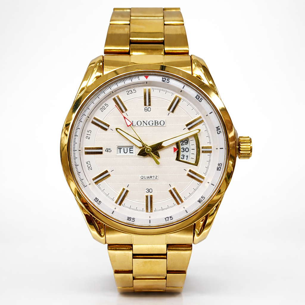 Gents Longbo Gold Tone Watch 83089G – White Dial Day & Date 44mm  