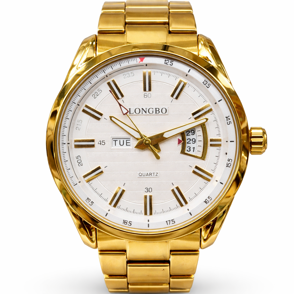 Gents Longbo Gold Tone Watch 83089G – White Dial Day & Date 44mm Gents Longbo Gold Tone Watch 83089G – White Dial Day & Date 44mm