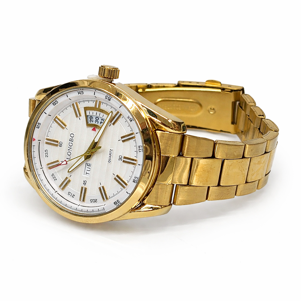 Gents Longbo Gold Tone Watch 83089G – White Dial Day & Date 44mm Gents Longbo Gold Tone Watch 83089G – White Dial Day & Date 44mm