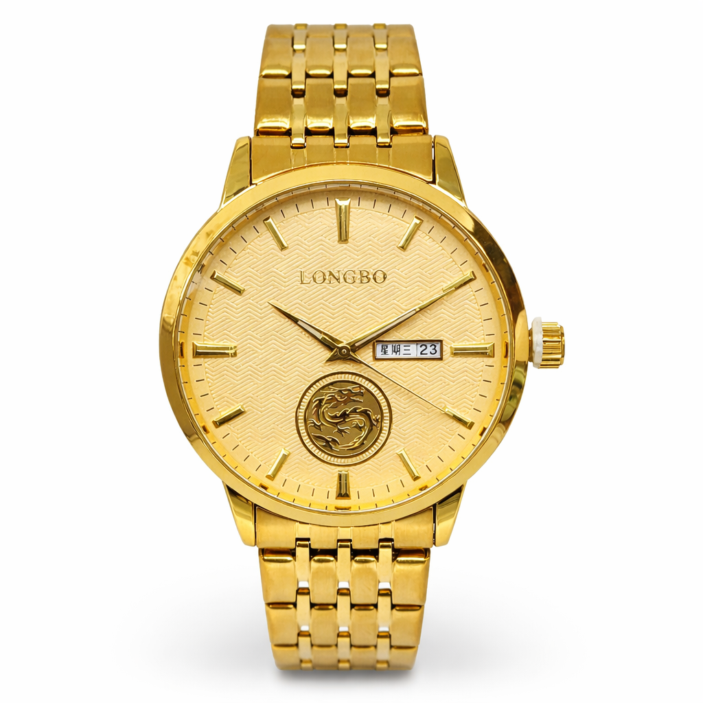 Gents Longbo Gold Watch 42mm – Model 83876G Quartz Day-Date Luminous Hands  