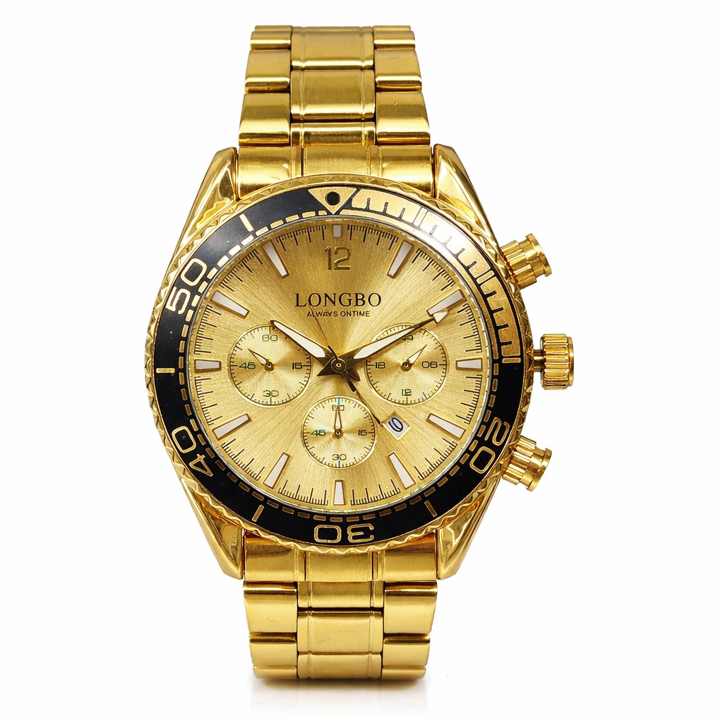 Longbo 83096G Gents Gold Chronograph Watch – Quartz, 44mm, Luminous Dial, Date  