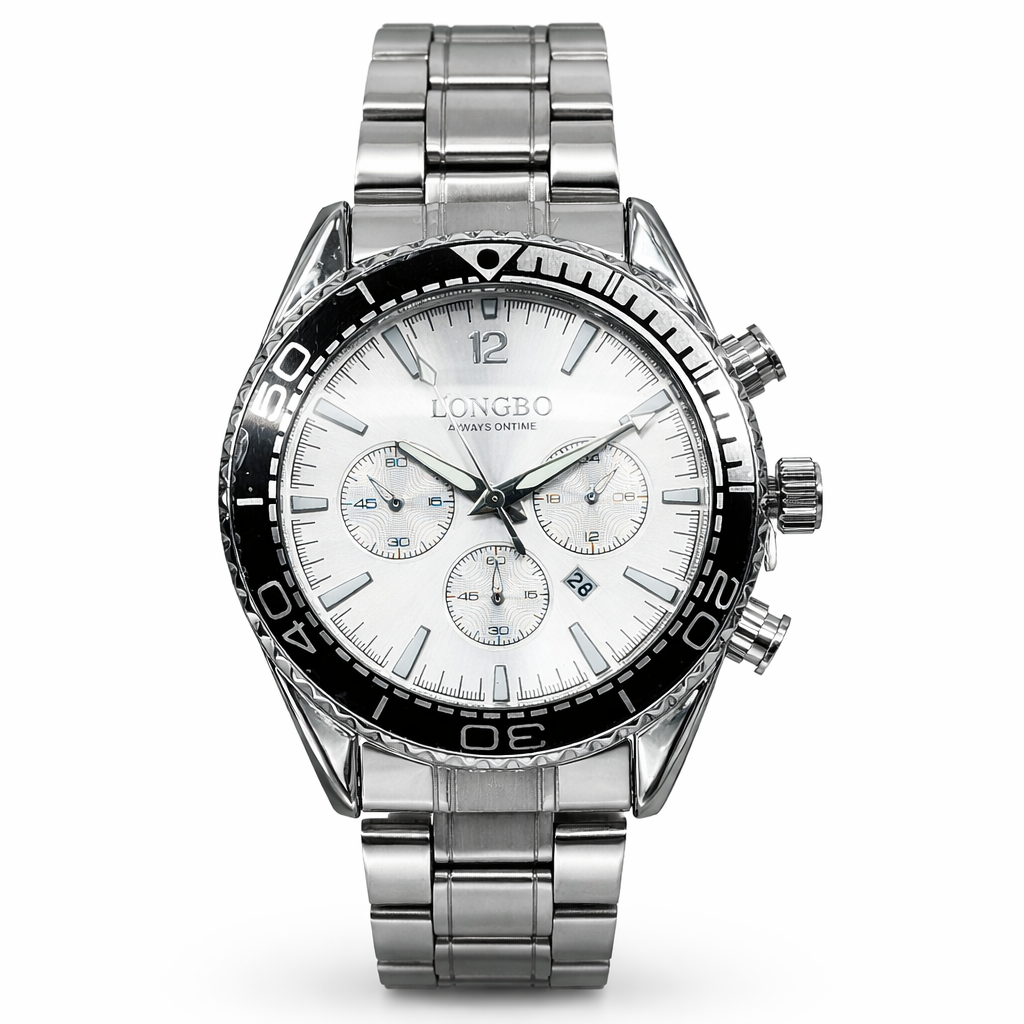 Gents Longbo Chronograph Watch Silver Dial Stainless Steel 44mm – Model 83096GS  