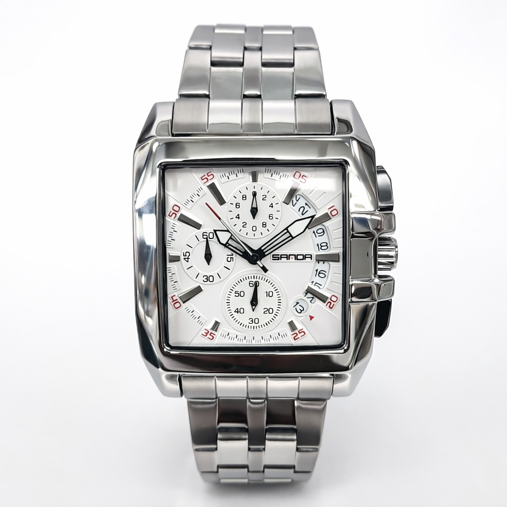 Gents SANDA 5302 Chronograph Watch – White Dial Stainless Steel 44mm  