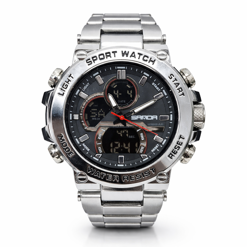 SANDA 6183 Gents Stainless Steel Dual Display Watch – Black Dial  