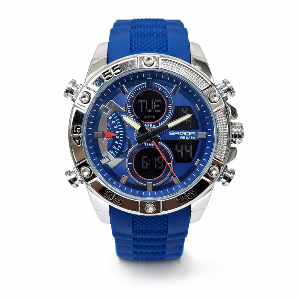 SANDA Dual Display Blue Sports Watch 48mm Stainless Steel Case, Analog & Digital, 50M Water Resistant - SANDA5104BL  