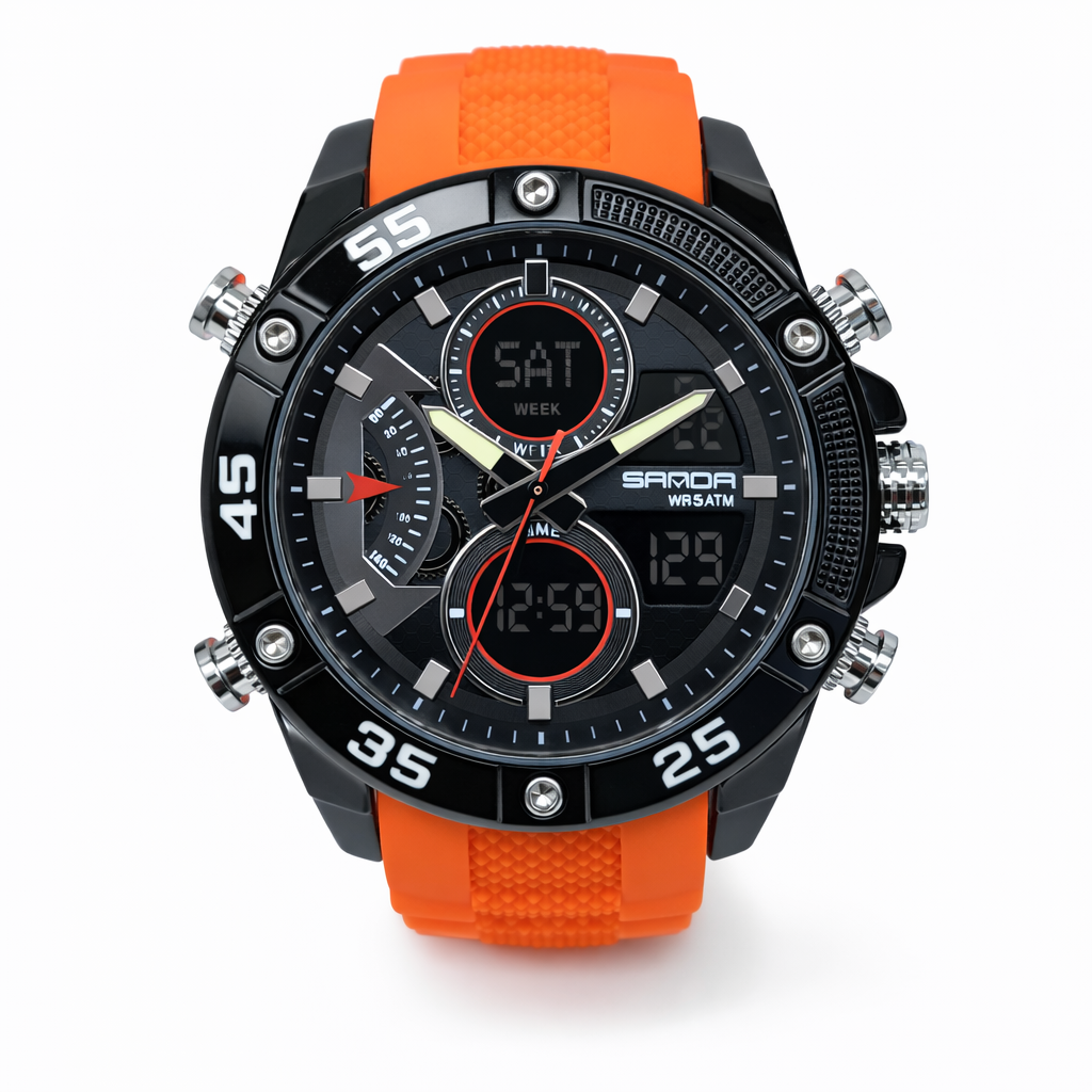 SANDA Black & Orange Dual Display Sports Watch 48mm Analog Digital, 50M Water Resistant - SANDA5104ORANGE  