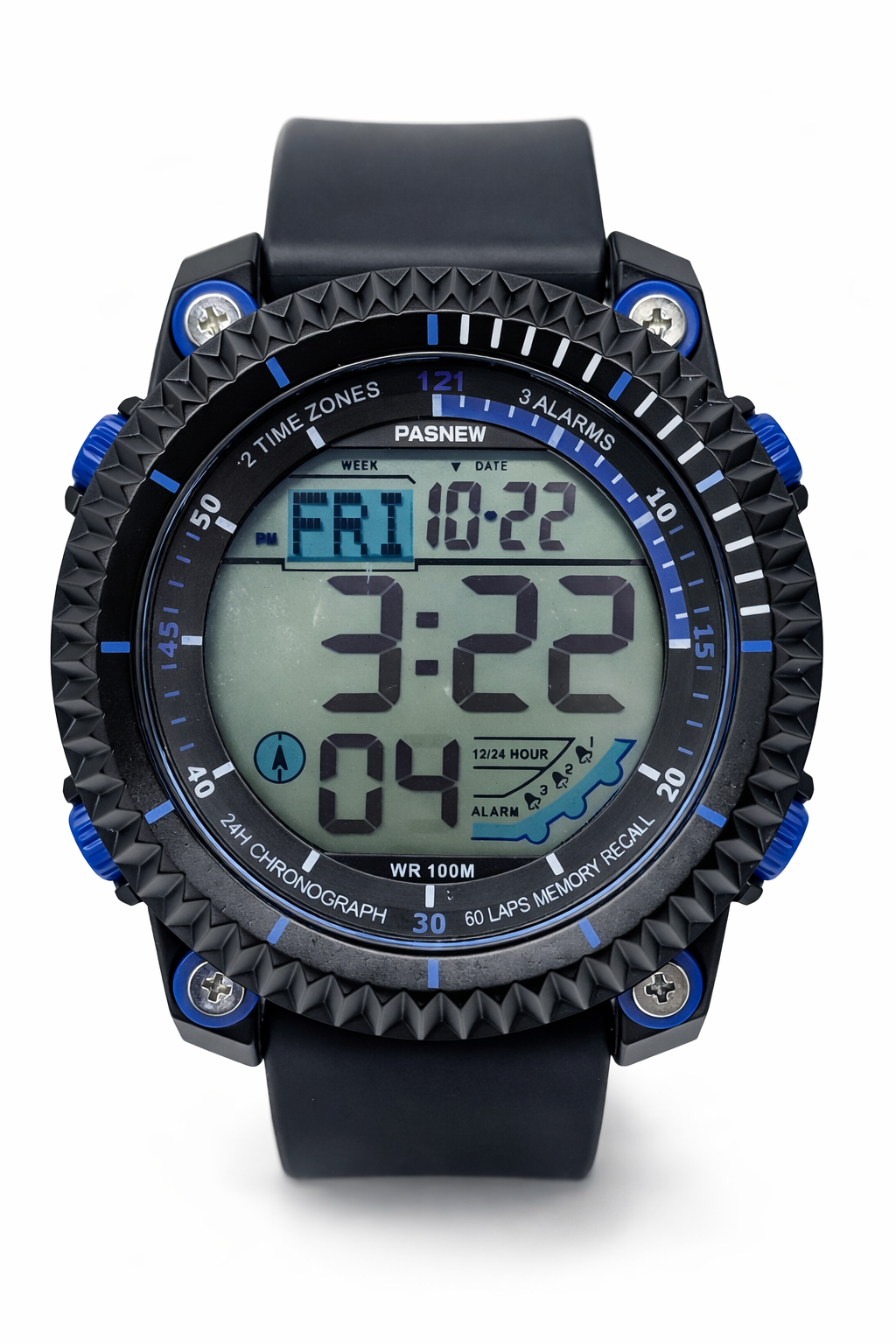 PASNEW Digital Sports Watch Black & Blue 48mm, LED Display, Water Resistant, Dual Time - PSE607BLUE  
