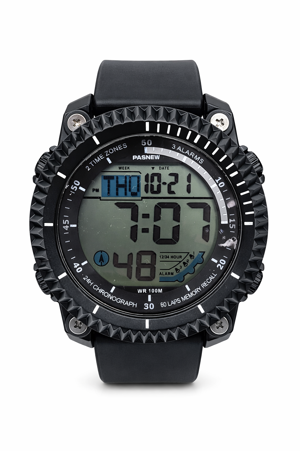 PASNEW Black Digital Sports Watch – 48mm LED Display, 30M Water Resistant, Dual Time - PSE607BLK  