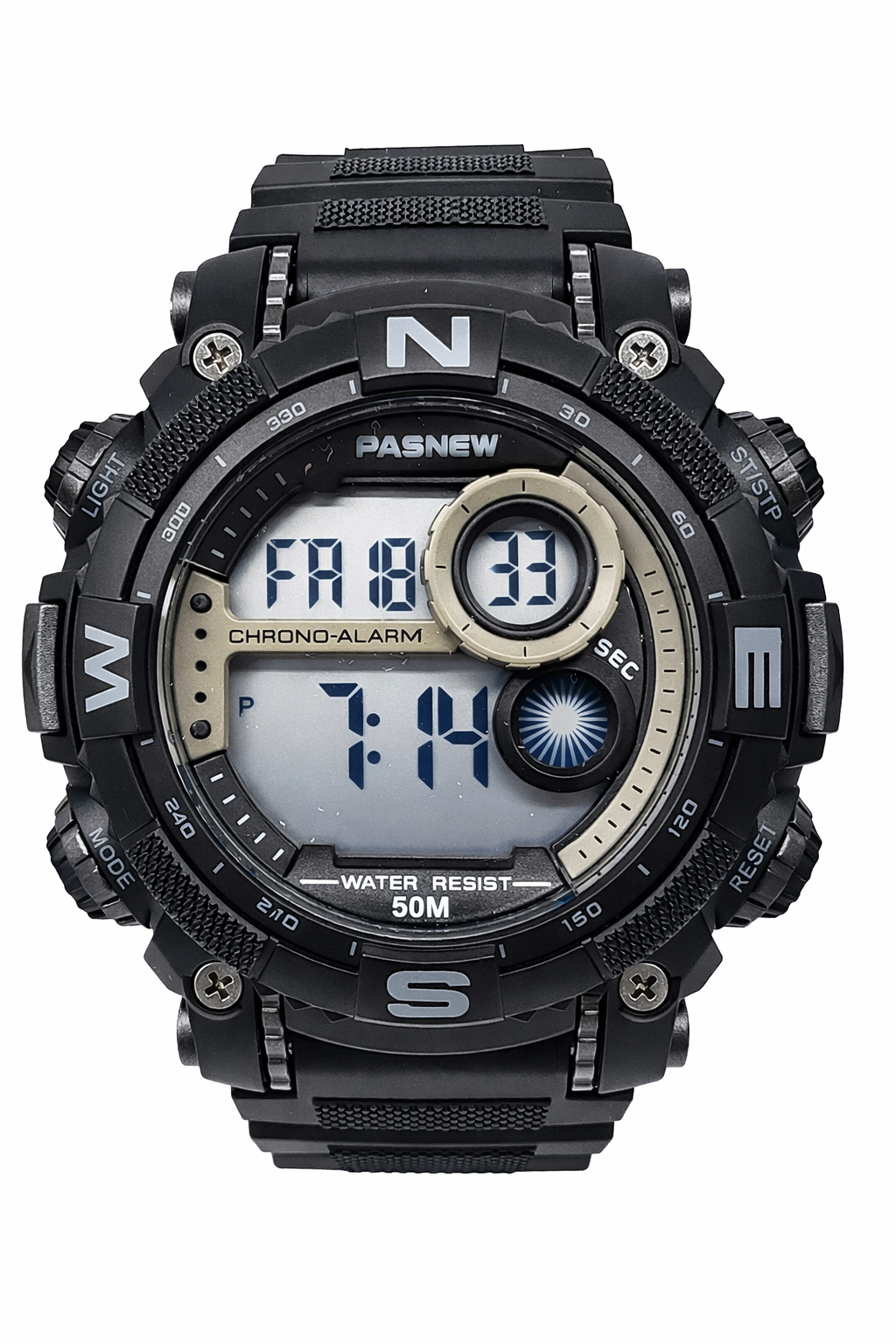Pasnew Digital Sports Watch 50mm, 50M Water Resistant, LED Light, Alarm, Stopwatch & Timer- PSE636GREY  