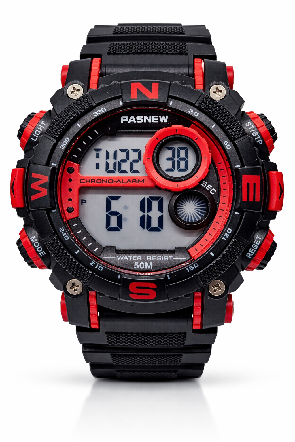 PASNEW Digital Sports Watch 50M Water Resistant 50mm Black & Red LED Chrono Alarm - PSE636RED  