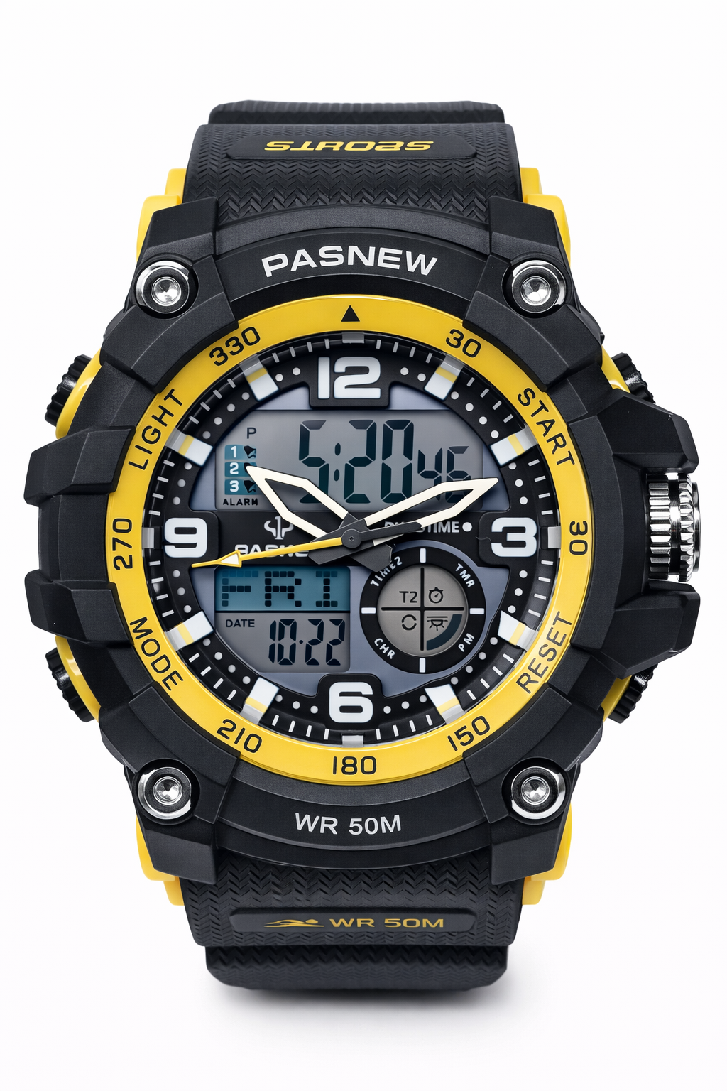PASNEW Men’s Dual Display Sports Watch 50mm – Analog & Digital | 30M Water Resistant - PSE467YELLOW  