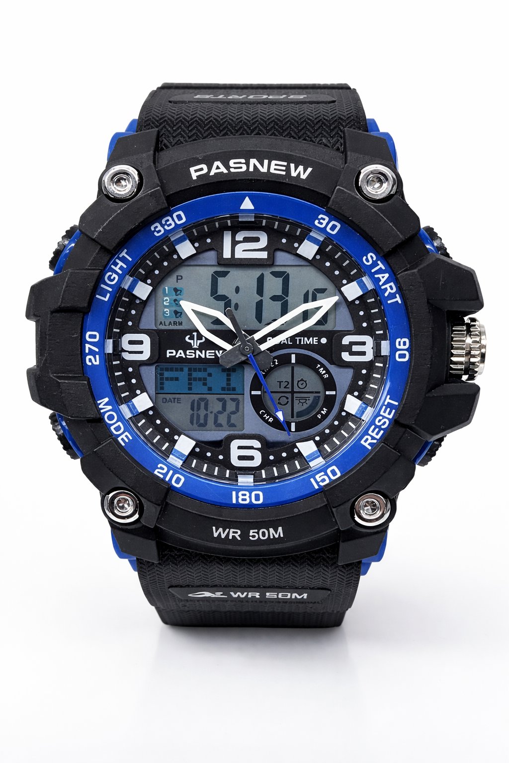 PASNEW Men’s Dual Display Sports Watch 50mm – Analog & Digital | 30M Water Resistant - PSE467BLUE  