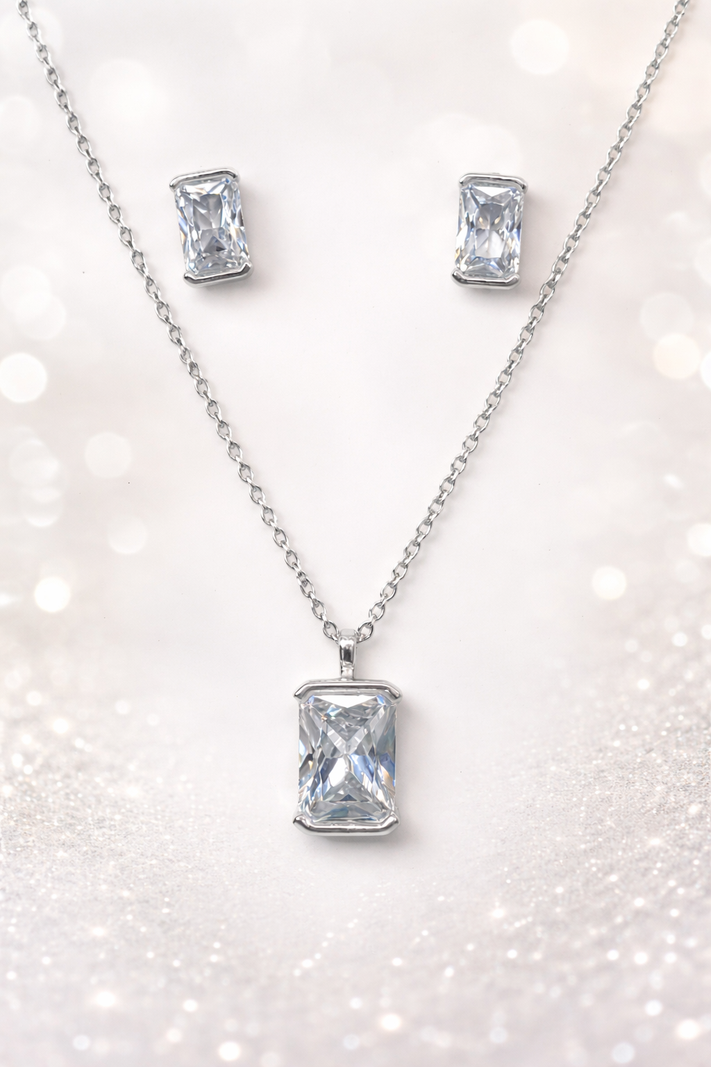 Sterling Silver Emerald Cut Cubic Zirconia Pendant & Stud Earrings Set  