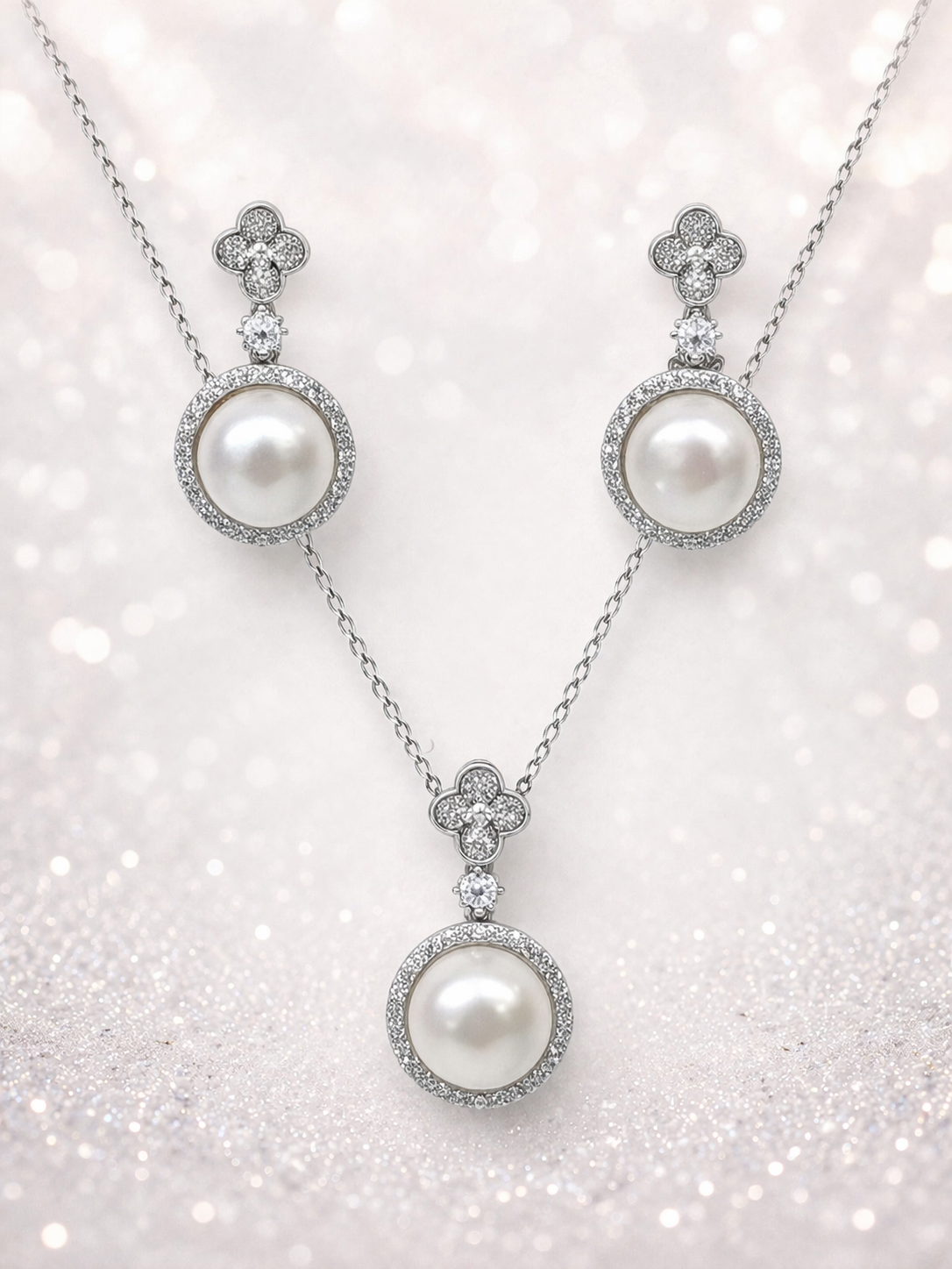 Sterling Silver Freshwater Pearl & Cubic Zirconia Pendant and Drop Earrings Set  