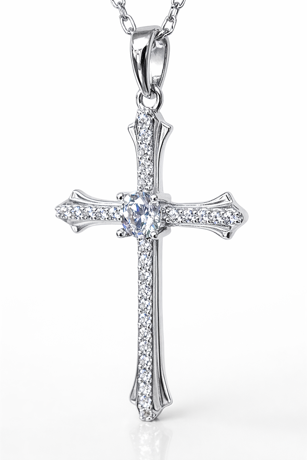 Sterling Silver CZ Cross Pendant with Chain – 16mm x 25mm - XL070324B Sterling Silver CZ Cross Pendant with Chain – 16mm x 25mm - XL070324B