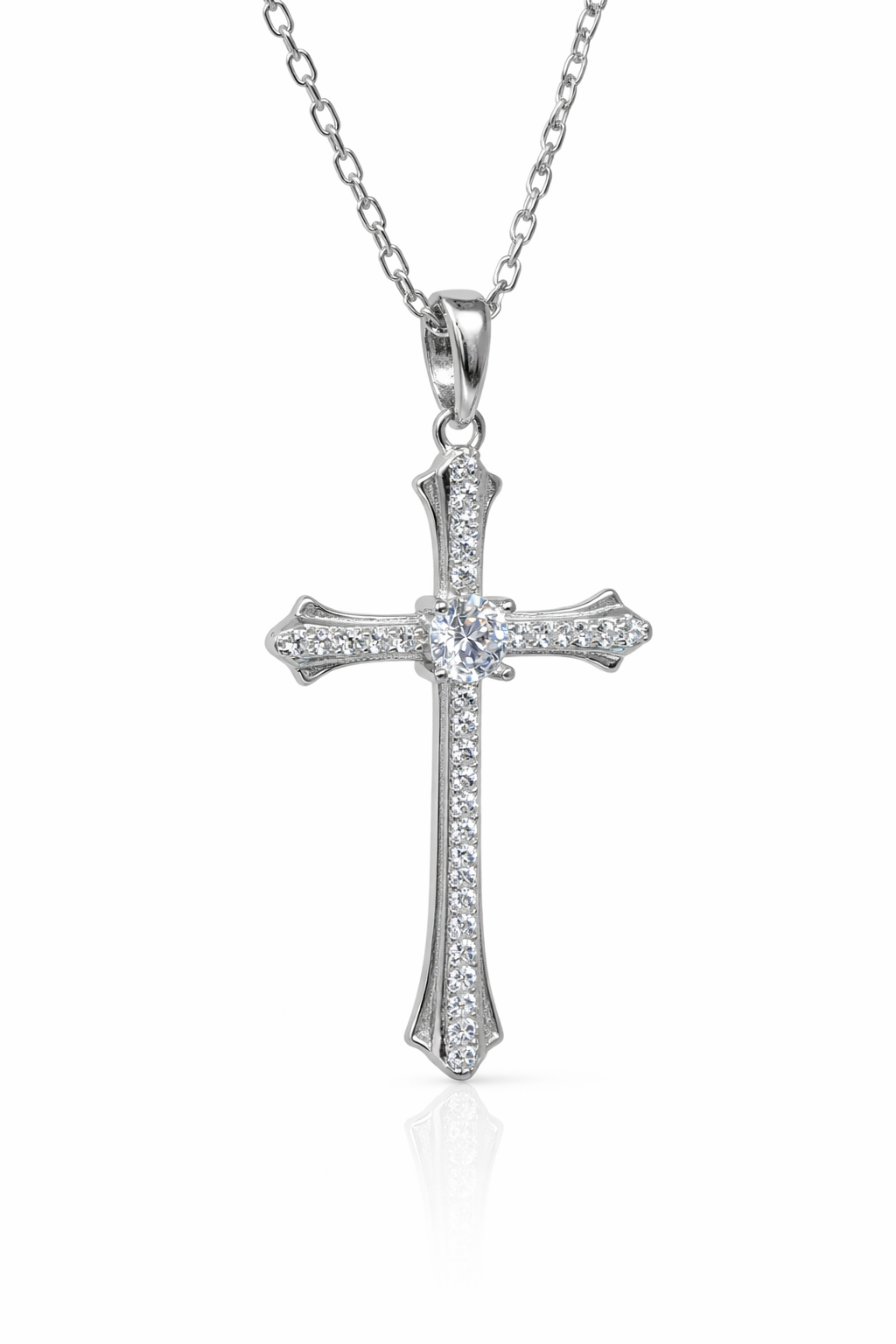 Sterling Silver CZ Cross Pendant with Chain – 16mm x 25mm - XL070324B Sterling Silver CZ Cross Pendant with Chain – 16mm x 25mm - XL070324B
