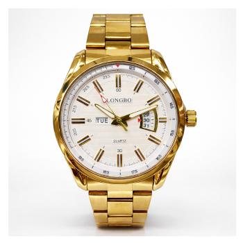 Gents Longbo Gold Tone Watch 83089G – White Dial Day & Date 44mm  