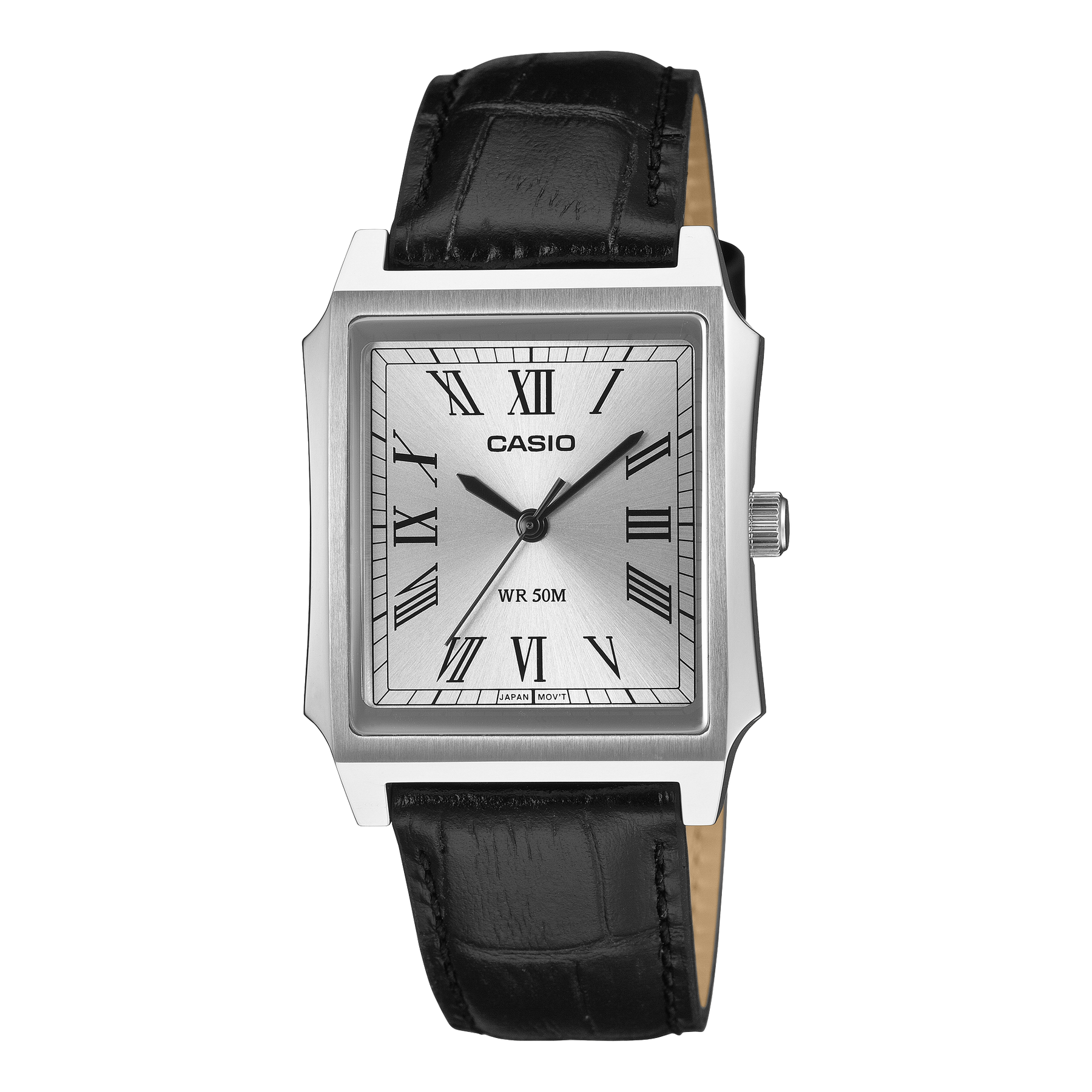 Casio MTPB190L-7B Gents Watch – Silver Dial Rectangular Case, Black Leather Strap, WR50M Classic Dress Watch  