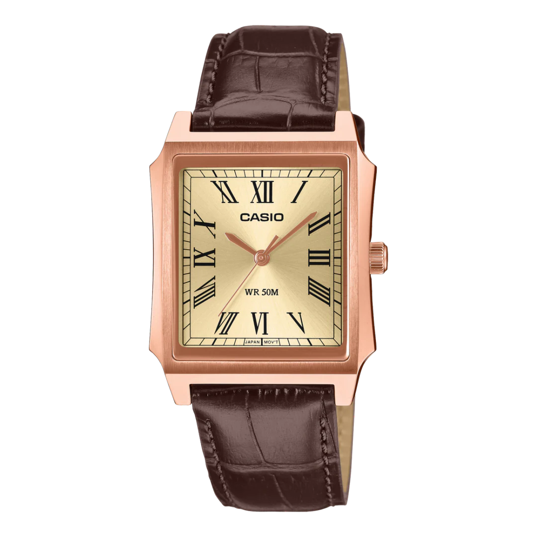 Casio MTPB190RGL-9B Gents Watch – Rose Gold Tone Classic Rectangular Dial, Leather Strap, WR50M  
