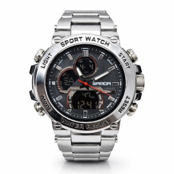 SANDA 6183 Gents Stainless Steel Dual Display Watch – Black Dial  