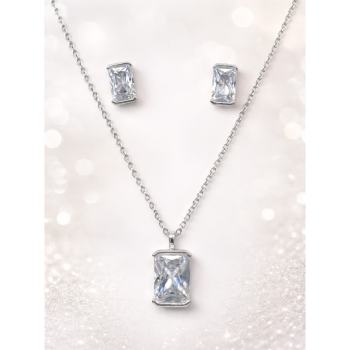 Sterling Silver Emerald Cut Cubic Zirconia Pendant & Stud Earrings Set  