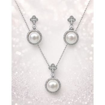 Sterling Silver Freshwater Pearl & Cubic Zirconia Pendant and Drop Earrings Set  