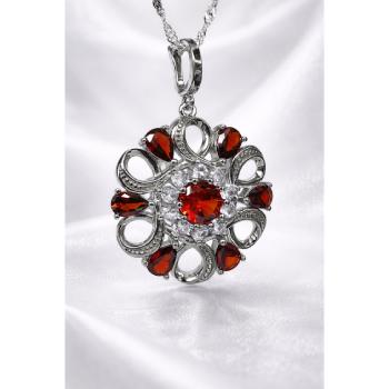 Sterling Silver Garnet & Clear CZ Halo Pendant – 27.5mm Round Floral Design - SSDA376PD Sterling Silver Garnet & Clear CZ Halo Pendant – 27.5mm Round Floral Design - SSDA376PD