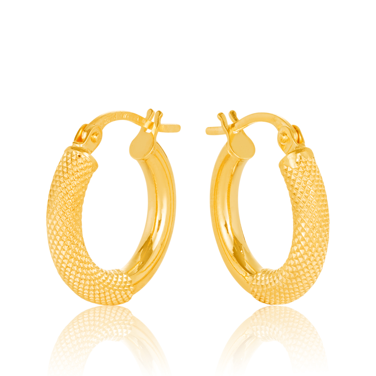 9ct Yellow Gold Round 10mm Diameter Half Mesh Half Plain Hoop Earring - 10OBC604-99 Gold Earrings 