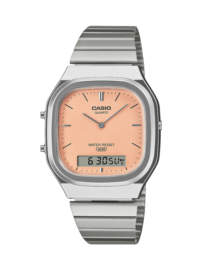 Casio AQ240E-4A Vintage Analogue Digital Watch – Salmon Pink Dial CASIO Casio AQ240E-4A Vintage Analogue Digital Watch – Salmon Pink Dial CASIO