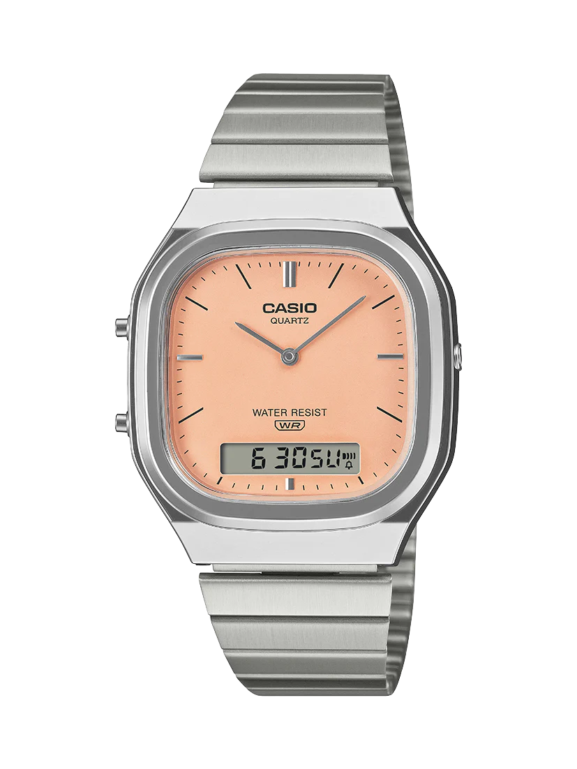 Casio AQ240E-4A Vintage Analogue Digital Watch – Salmon Pink Dial CASIO Casio AQ240E-4A Vintage Analogue Digital Watch – Salmon Pink Dial CASIO