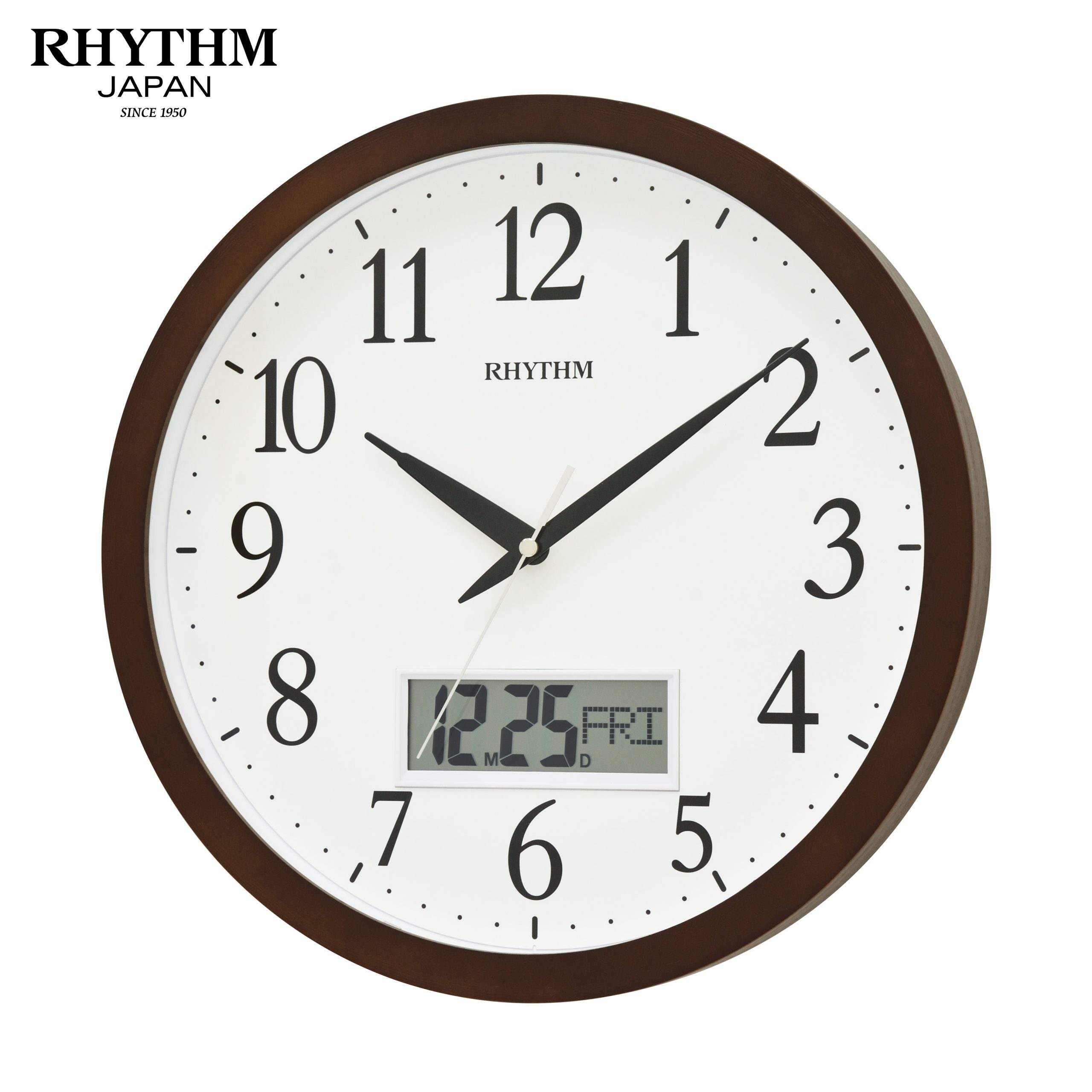 Rhythm Wooden Wall Clock 33.5cm – LCD Calendar - CFG903NR06 Seiko 