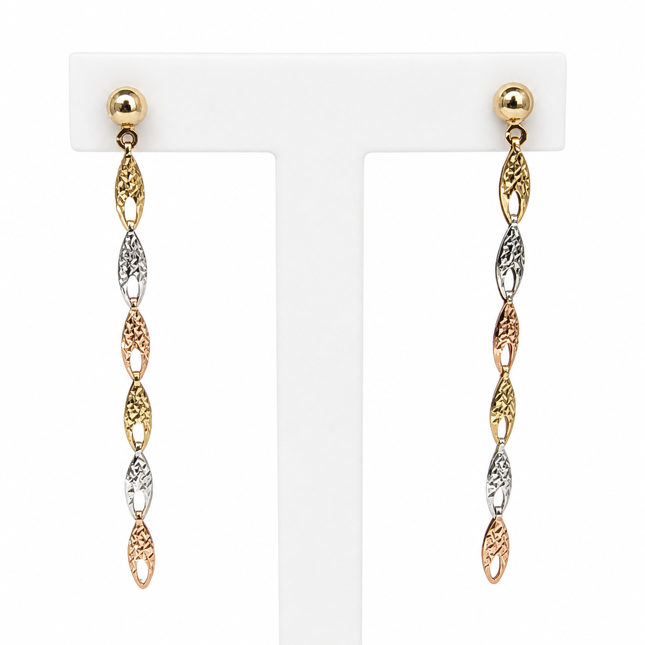9ct Tri-Colour Gold Diamond Cut Italian Made Drop Earrings 55mm - 9CTYWRRZZ Seiko 