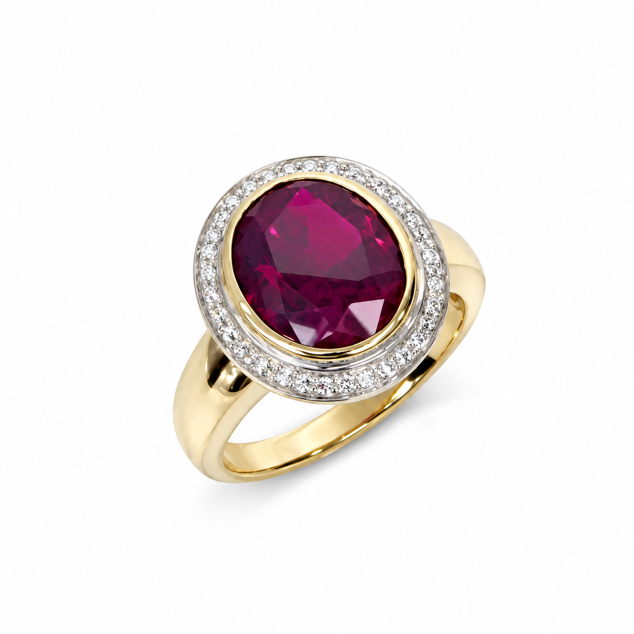 9ct Yellow Gold Synthetic Ruby & Diamond Halo Ring, 12x10mm Oval Ruby with Natural Diamond Halo - 9CTCYR1822 Seiko 9ct Yellow Gold Synthetic Ruby & Diamond Halo Ring, 12x10mm Oval Ruby with Natural Diamond Halo - 9CTCYR1822 Seiko