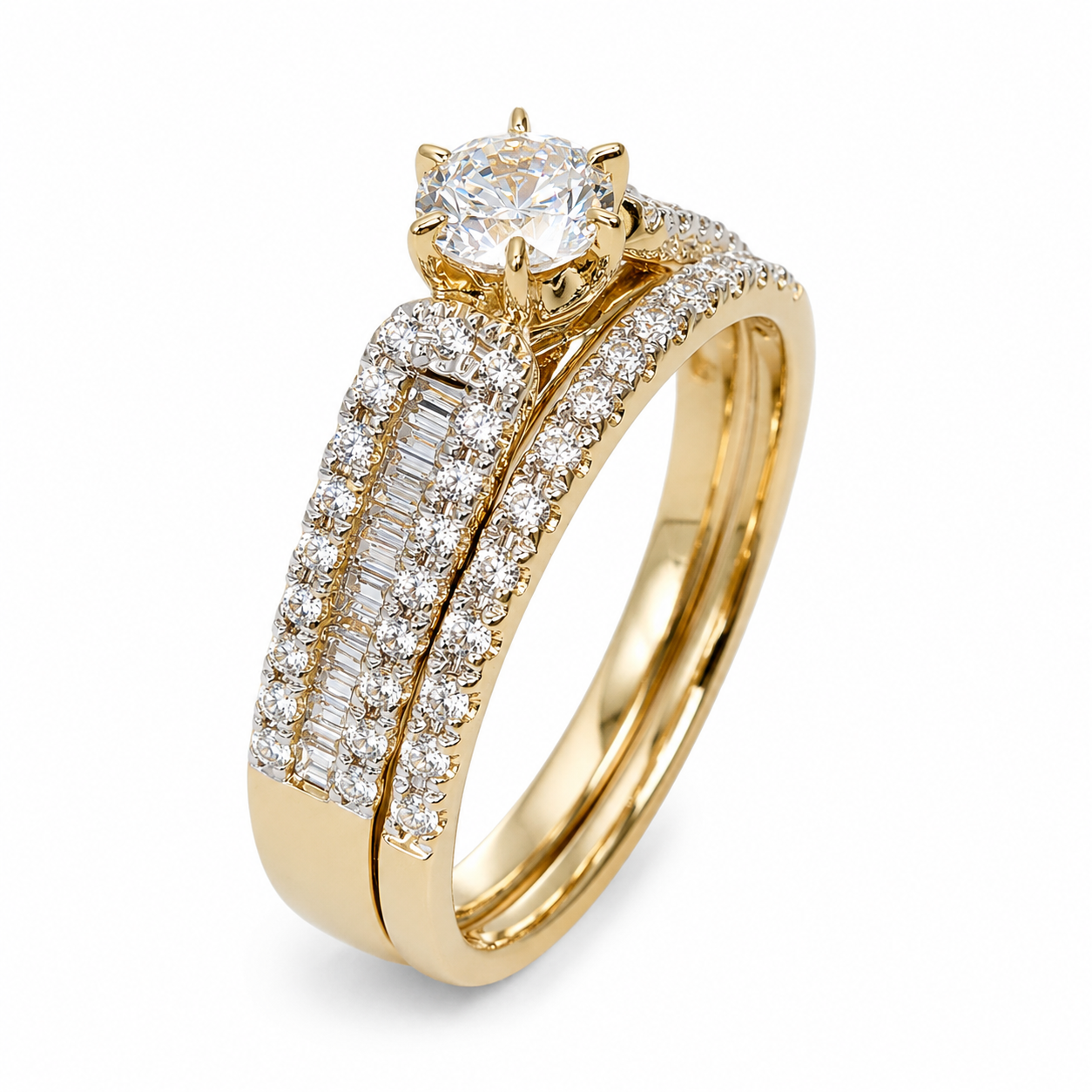 9ct Yellow Gold Cubic Zirconia 2 Piece Bridal Wedding Ring Set – Round & Baguette Cut CZ - 9CTCYR2900AB Seiko 
