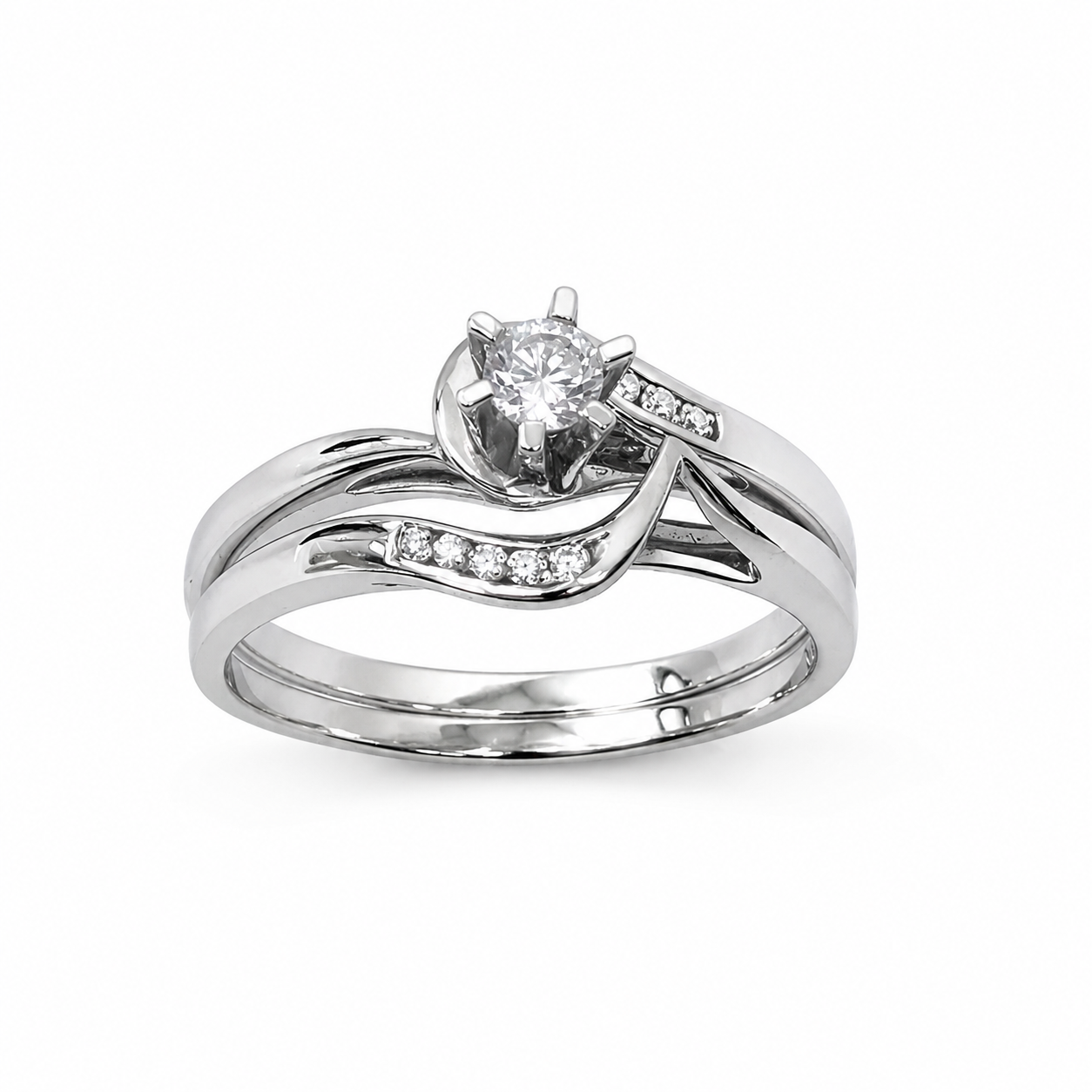 9ct White Gold Cubic Zirconia Bridal Ring Set – 3.50mm Round Centre Stone – Twisted Wave Design - 9CTDLOWG Seiko 9ct White Gold Cubic Zirconia Bridal Ring Set – 3.50mm Round Centre Stone – Twisted Wave Design - 9CTDLOWG Seiko