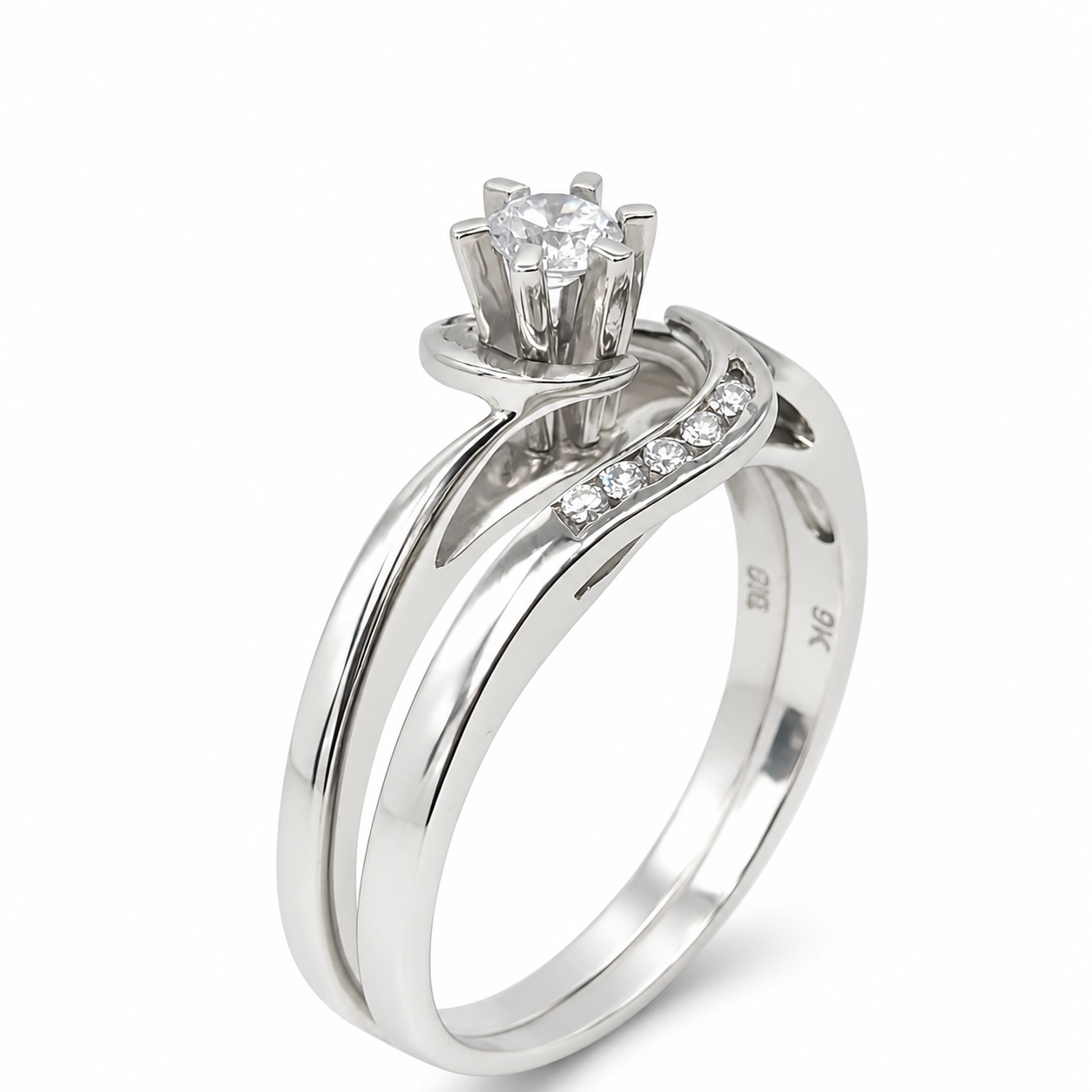9ct White Gold Cubic Zirconia Bridal Ring Set – 3.50mm Round Centre Stone – Twisted Wave Design - 9CTDLOWG Seiko 9ct White Gold Cubic Zirconia Bridal Ring Set – 3.50mm Round Centre Stone – Twisted Wave Design - 9CTDLOWG Seiko