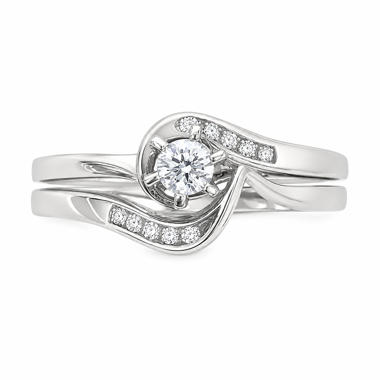 9ct White Gold Cubic Zirconia Bridal Ring Set – 3.50mm Round Centre Stone – Twisted Wave Design - 9CTDLOWG Seiko 9ct White Gold Cubic Zirconia Bridal Ring Set – 3.50mm Round Centre Stone – Twisted Wave Design - 9CTDLOWG Seiko