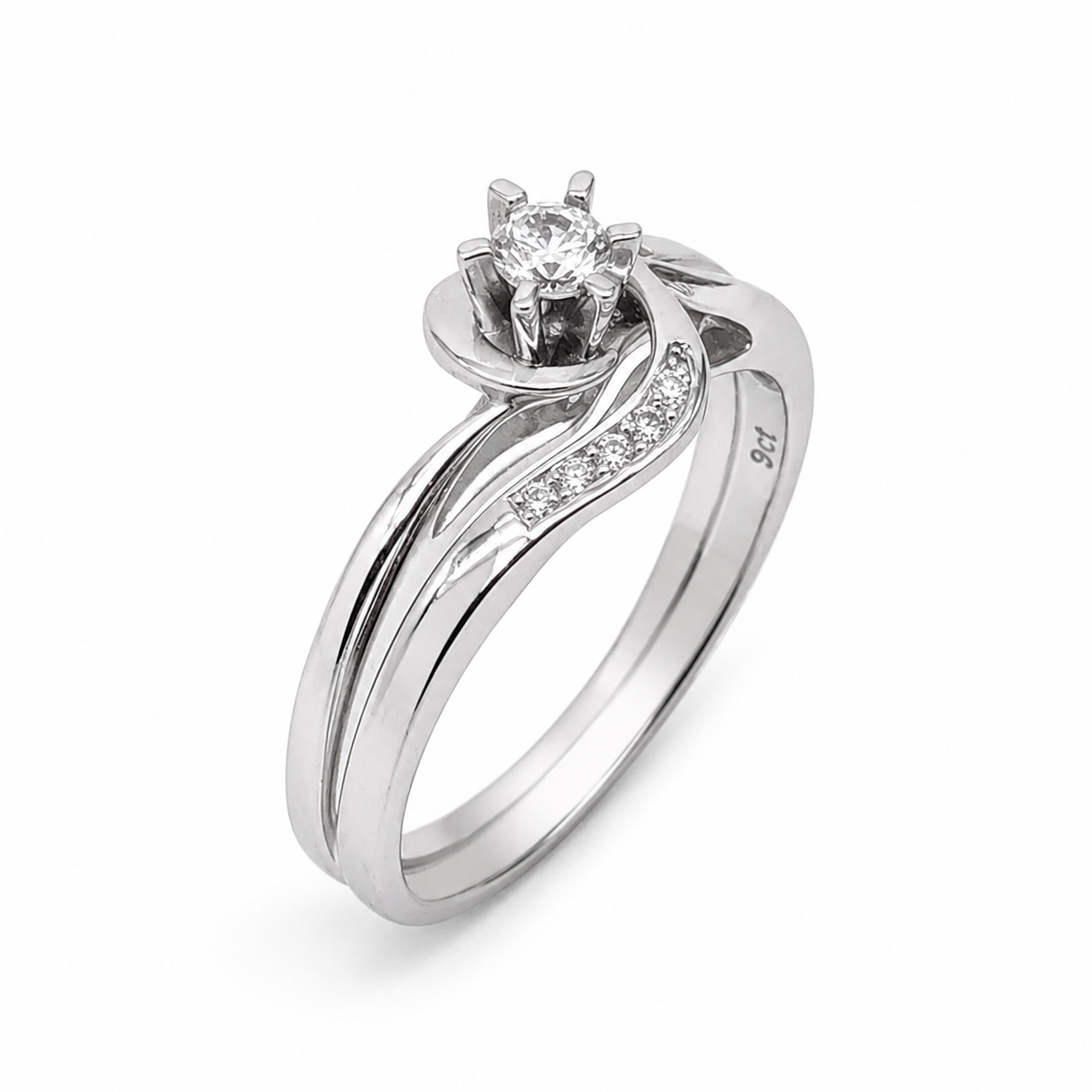 9ct White Gold Cubic Zirconia Bridal Ring Set – 3.50mm Round Centre Stone – Twisted Wave Design - 9CTDLOWG Seiko 9ct White Gold Cubic Zirconia Bridal Ring Set – 3.50mm Round Centre Stone – Twisted Wave Design - 9CTDLOWG Seiko