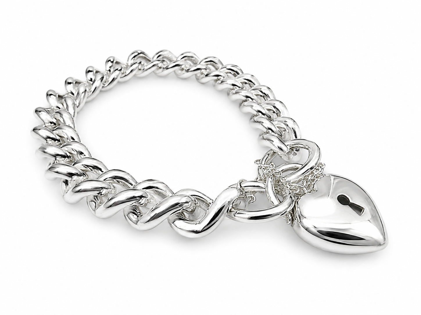 Sterling Silver Solid Curb Link Bracelet with Puff Heart Padlock & Safety Chain, 20cm – Made in New Zealand - C350PB21/PADF18 Seiko 