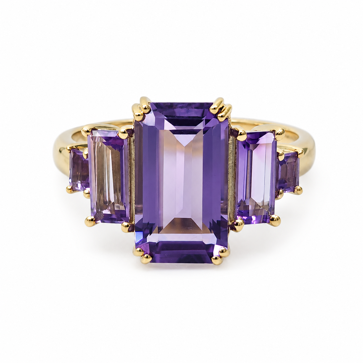 9ct Yellow Gold Natural Amethyst Five Stone Emerald & Baguette Cut Ring - 9CTCYR7905-AM Seiko 9ct Yellow Gold Natural Amethyst Five Stone Emerald & Baguette Cut Ring - 9CTCYR7905-AM Seiko